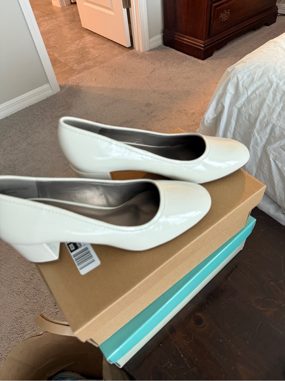 Patent Low Block Heel Pumps in Cream